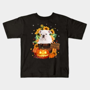 White English Bulldog Halloween Pumpkin Fall Bucket Kids T-Shirt